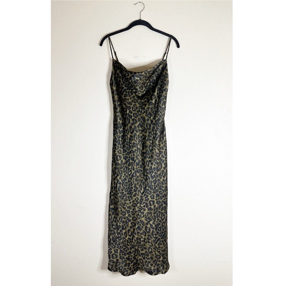 ZARA leopard print satin draped cowl neck lingerie style midi dress XS NEW